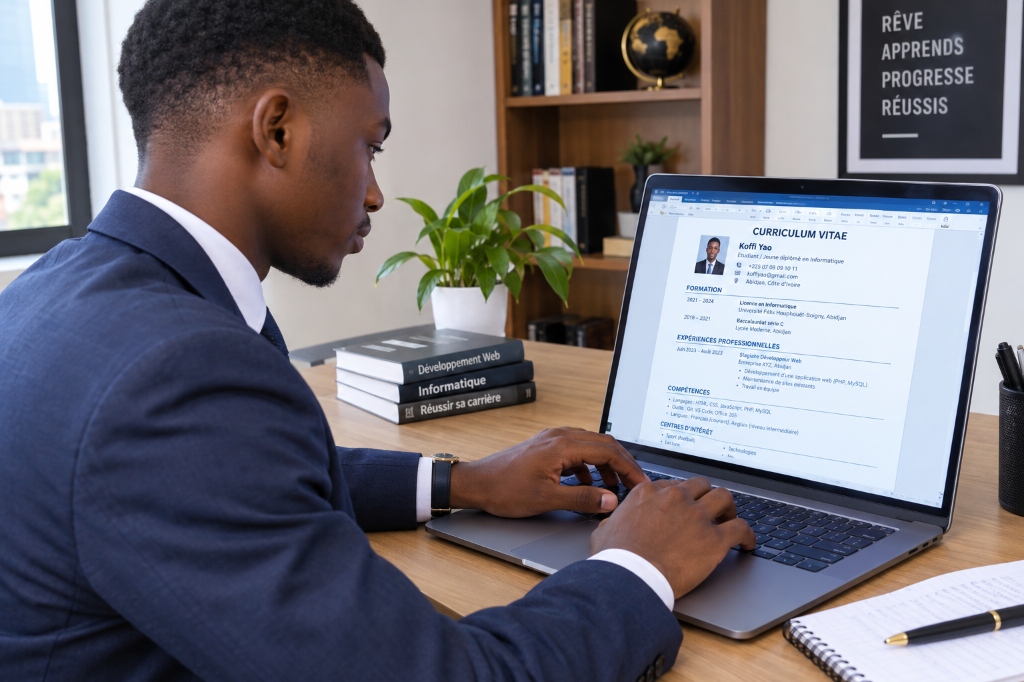 Jeune professionnel africain demandeur d'emploi générant son CV sur Hirable